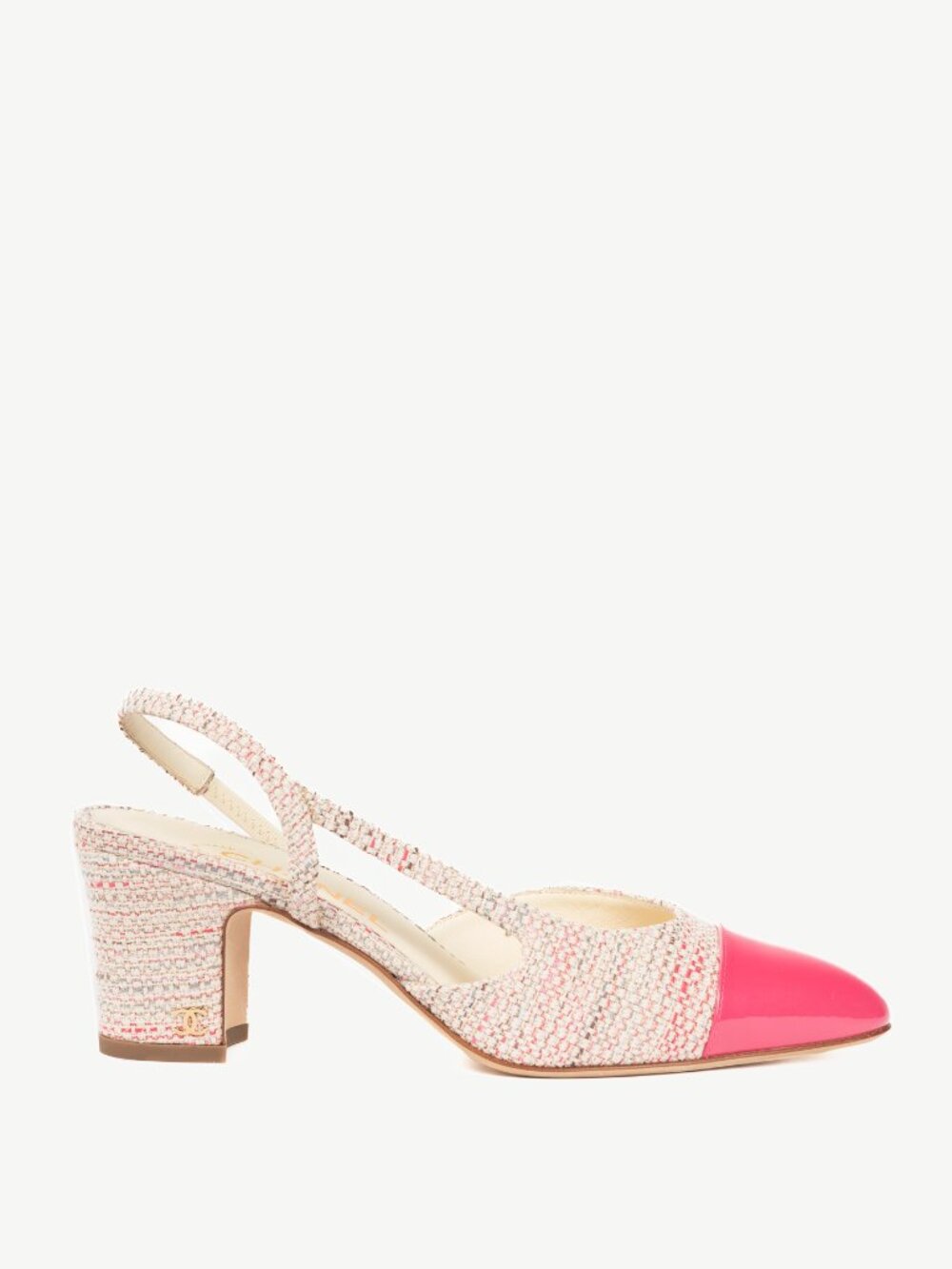 Chanel White & Pink Tweed Cap-Toe Slingback Heels
